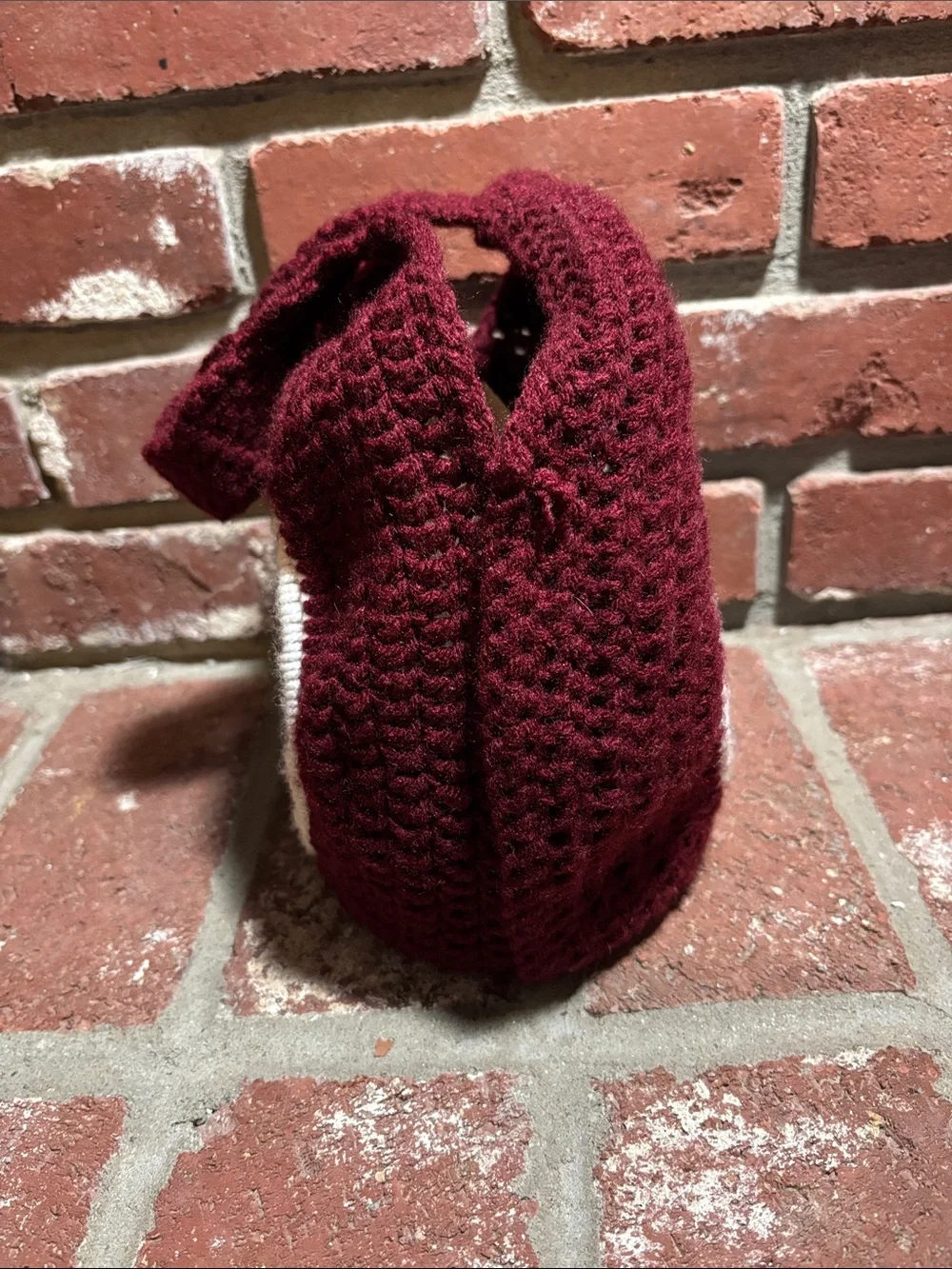 Handmade Boho Crochet Round Wristlet Bag in Burgundy with Blue & Cream Accent